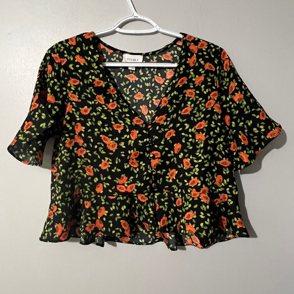 Everly Floral Blouse Women Small Black Orange Green V Neck Button Front
